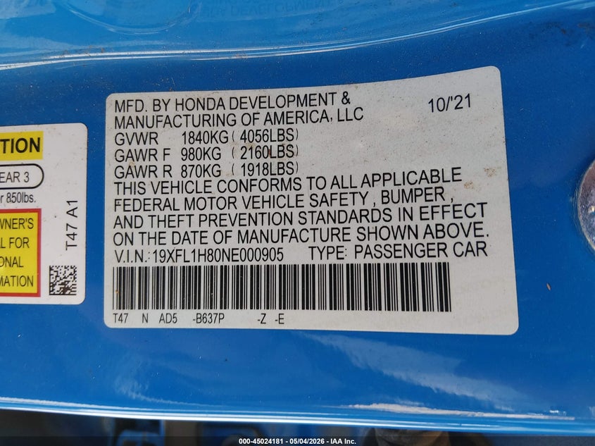 HONDA CIVIC 2022 VIN 19XFL1H80NE000905