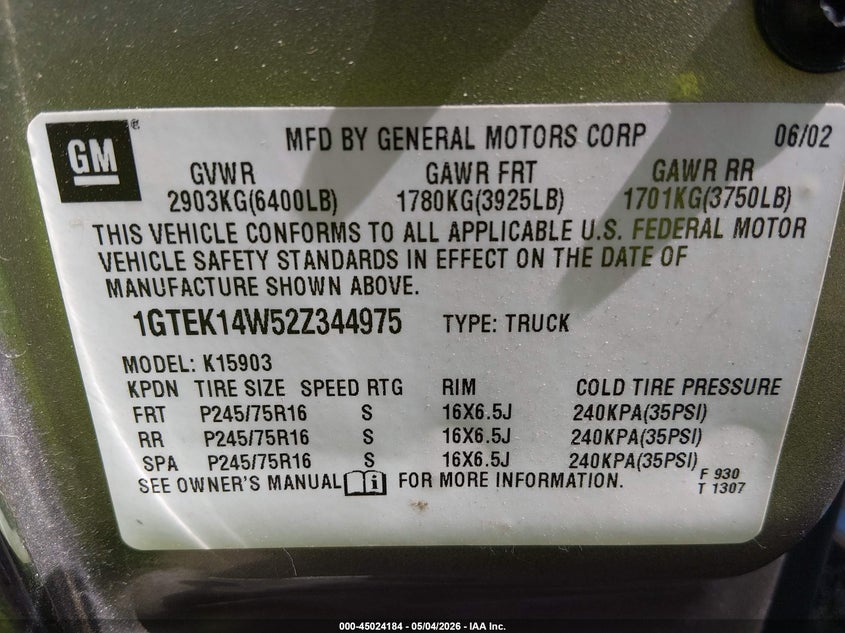 2002 GMC SIERRA TRUCK 4.3L V-6 200HP