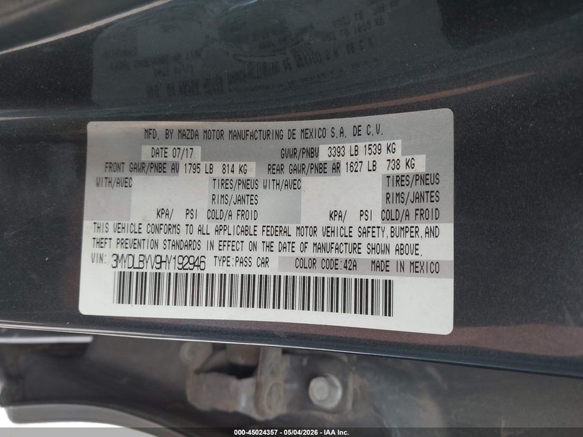 VIN 3MYDLBYV9HY192946 2017 TOYOTA YARIS IA