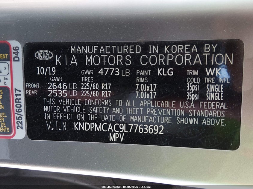 VIN KNDPMCAC9L7763692 2020 KIA SPORTAGE LX