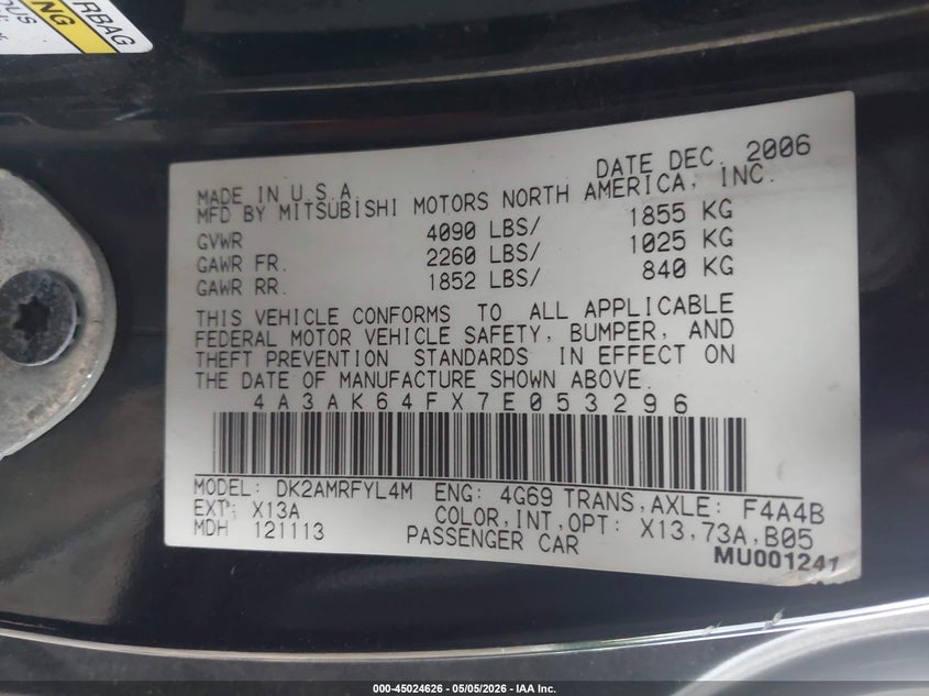 2007 Mitsubishi Eclipse Se VIN: 4A3AK64FX7E053296 Lot: 45024626