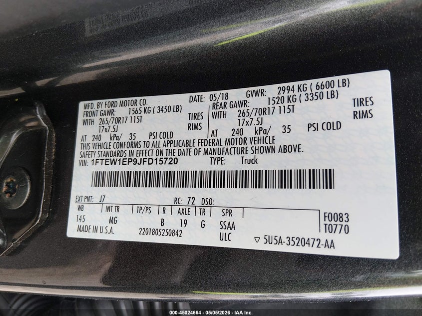 VIN 1FTEW1EP9JFD15720 2018 FORD F-150 XLT