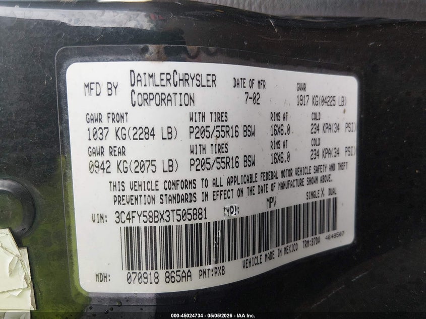 2003 Chrysler Pt Cruiser Touring VIN: 3C4FY58BX3T505881 Lot: 45024734