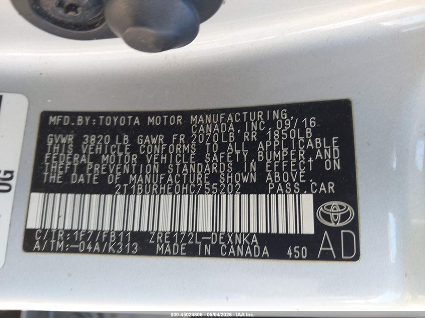 VIN 2T1BURHE0HC755202 2017 TOYOTA COROLLA LE