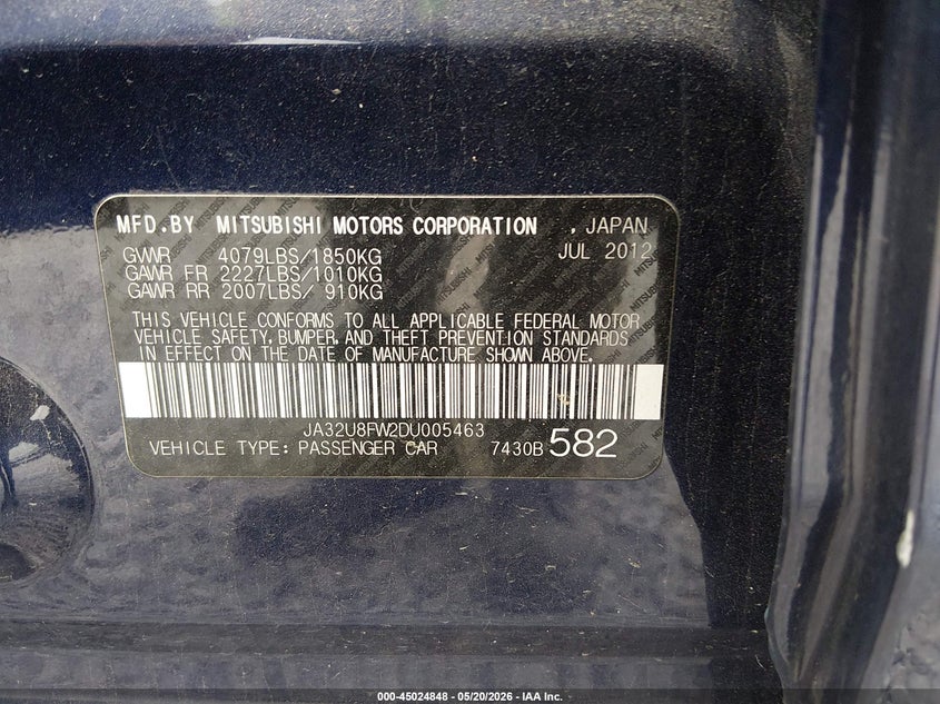2013 Mitsubishi Lancer Gt VIN: JA32U8FW2DU005463 Lot: 45024848