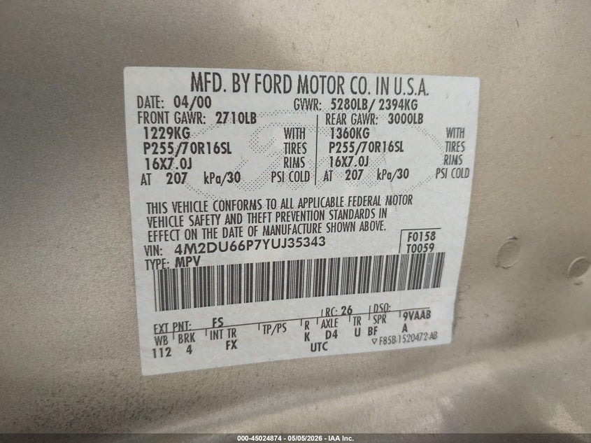 2000 Mercury Mountaineer VIN: 4M2DU66P7YUJ35343 Lot: 45024874