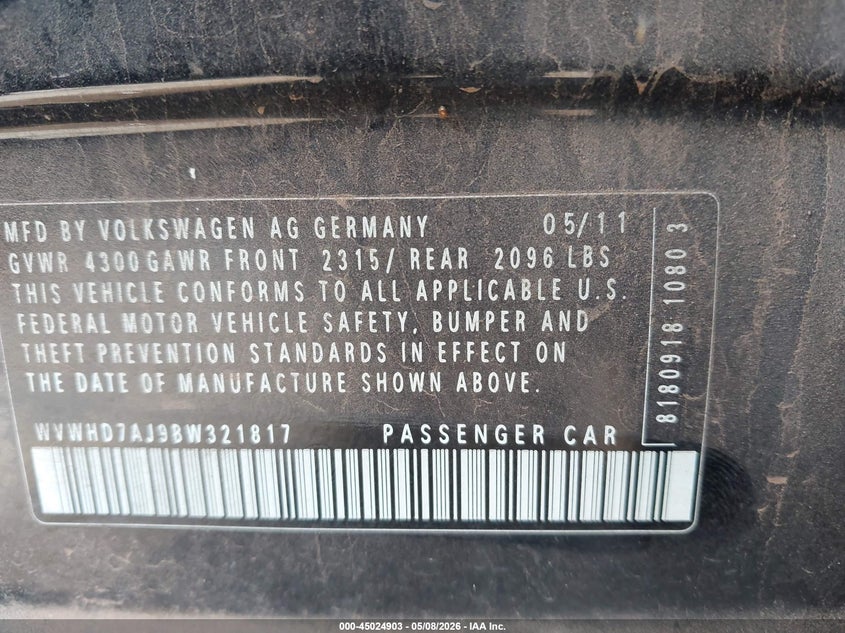 2011 Volkswagen Gti 4-Door VIN: WVWHD7AJ9BW321817 Lot: 45024903