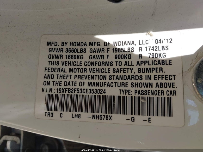 2012 Honda Civic 1.8 Lx white Lot 111045024911 Vin 19XFB2F53CE353024