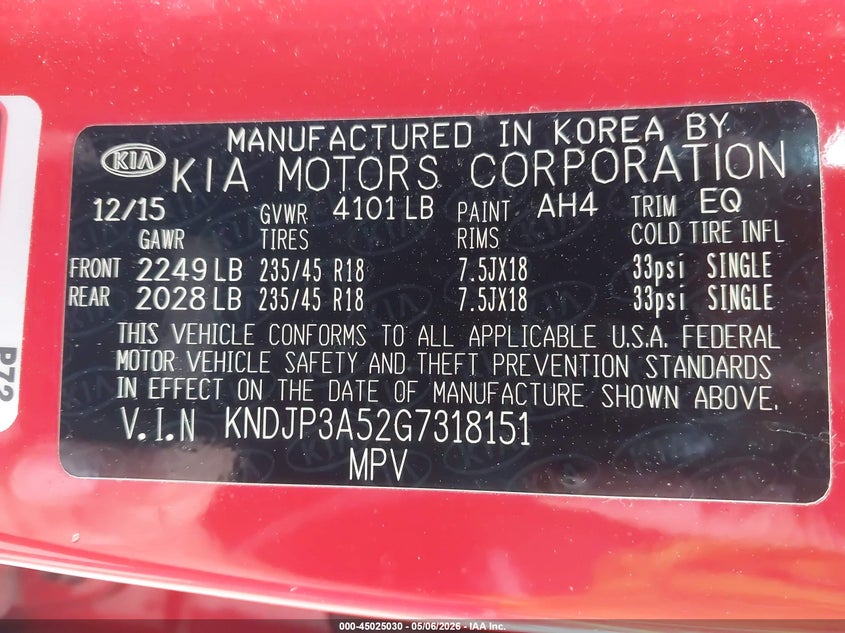 2016 KIA SOUL HATCHBACK 2.0L I-4 DI, DOHC, VVT, 164HP
