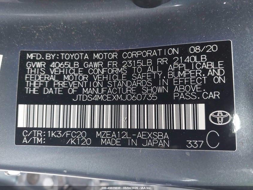 VIN JTDS4MCEXMJ060735 2021 TOYOTA COROLLA SE