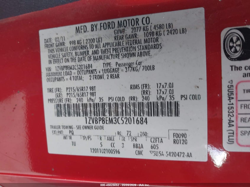 2012 Ford Mustang 3.7 V6 red Lot 111045025052 Vin 1ZVBP8EM3C5201684