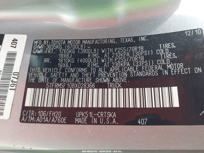 2011 Toyota Tundra Grade 4.6L V8 VIN: 5TFRM5F10BX028366 Lot: 45025143