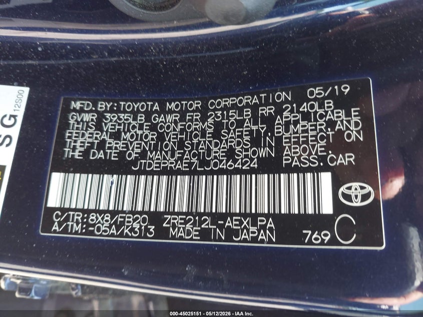 VIN JTDEPRAE7LJ046424 2020 TOYOTA COROLLA LE