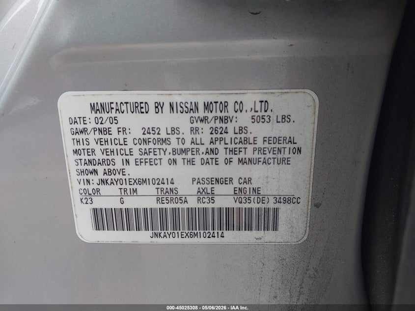 2006 Infiniti M35 Sport VIN: JNKAY01EX6M102414 Lot: 45025308