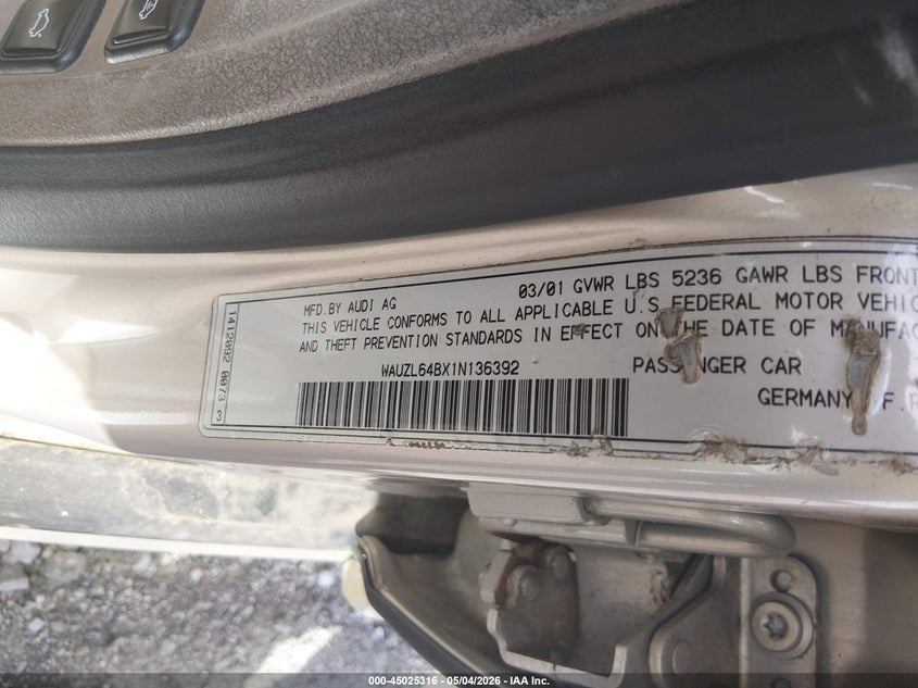 2001 Audi A6 4.2 VIN: WAUZL64BX1N136392 Lot: 45025316