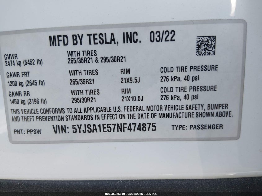 2022 Tesla Model S Dual Motor All-Wheel Drive VIN: 5YJSA1E57NF474875 Lot: 45025319