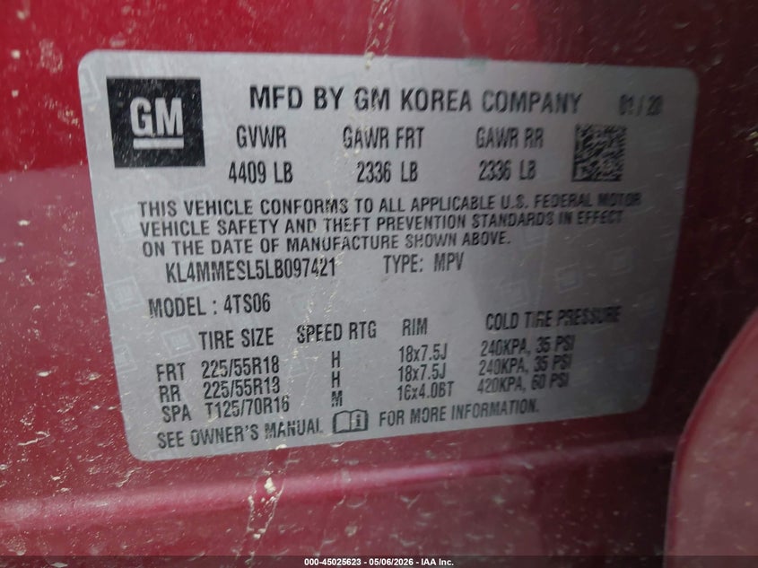 2020 Buick Encore Gx Awd Select VIN: KL4MMESL5LB097421 Lot: 45025623