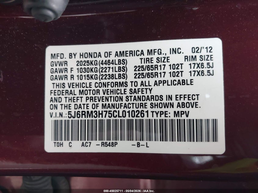 2012 HONDA CR-V SPORT UTILITY VEHICLE 2.4L I-4 DOHC, VVT, 185HP