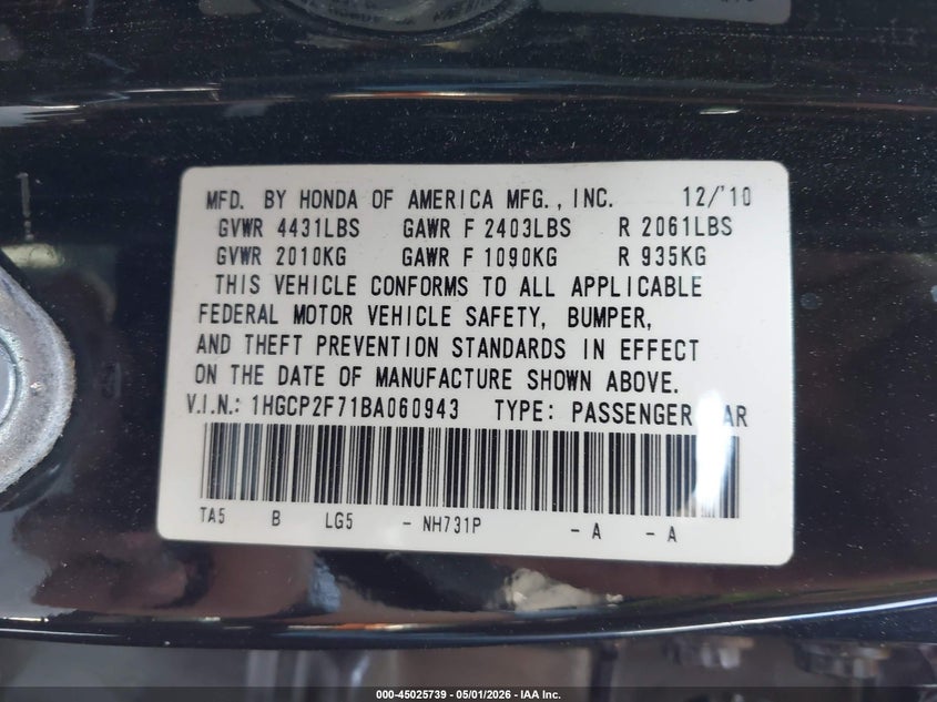 2011 HONDA ACCORD SEDAN 2.4L I-4 DOHC, VVT, 190HP