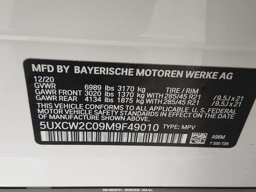 2021 BMW X7 xDrive40I VIN: 5UXCW2C09M9F49010 Lot: 45025741