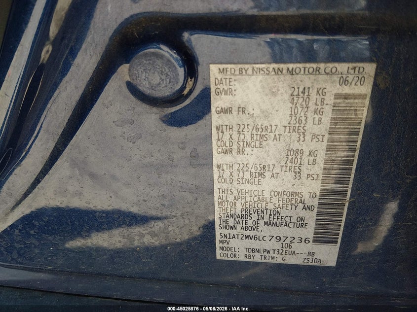 VIN 5N1AT2MV6LC797236 2020 NISSAN ROGUE S INTELLIGENT AWD