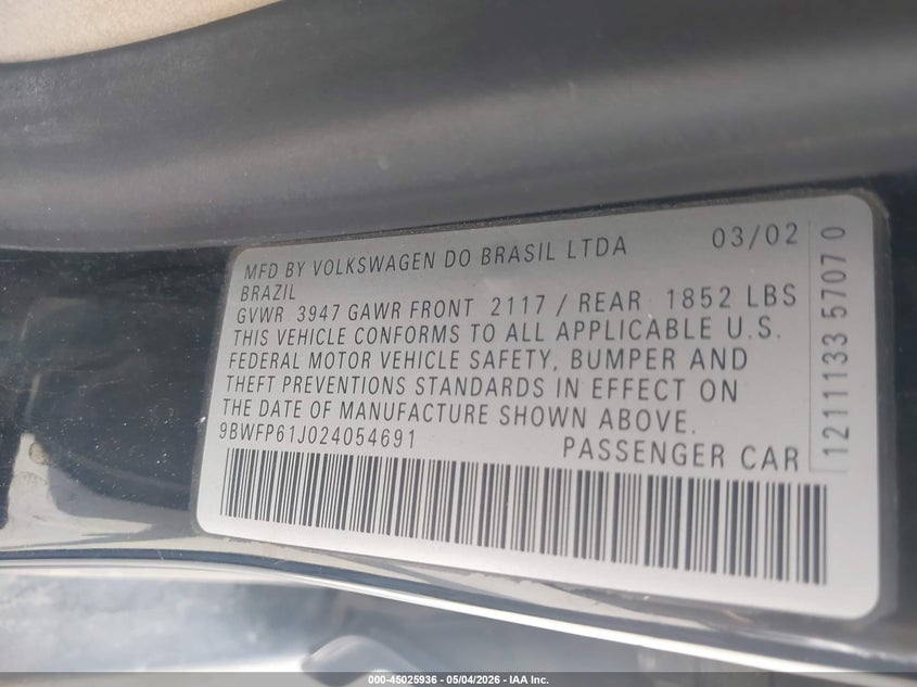 2002 Volkswagen Golf Gl Tdi VIN: 9BWFP61J024054691 Lot: 45025936