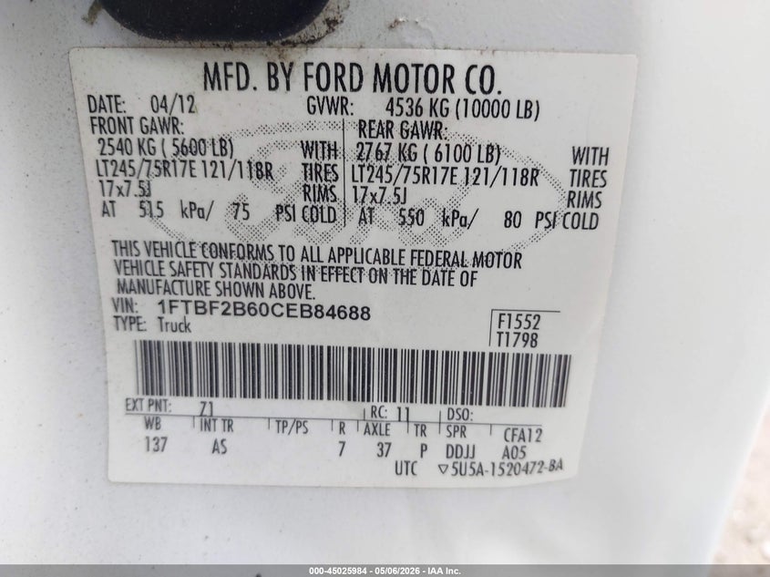 2012 Ford F250 6.2 F-250 Xl white Lot 111045025984 Vin 1FTBF2B60CEB84688