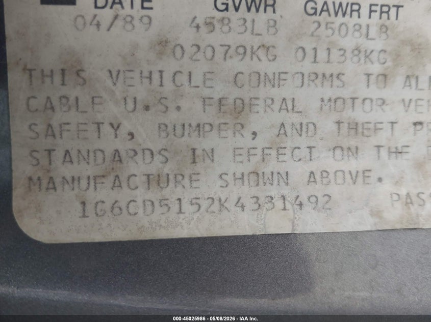 1989 Cadillac Deville VIN: 1G6CD5152K4331492 Lot: 45025986