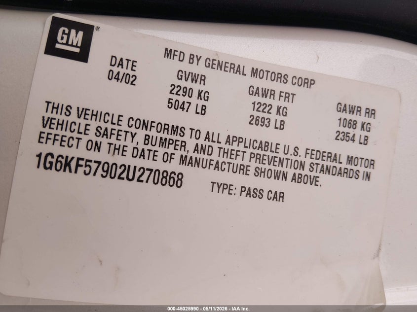 2002 Cadillac Deville Dts VIN: 1G6KF57902U270868 Lot: 45025990
