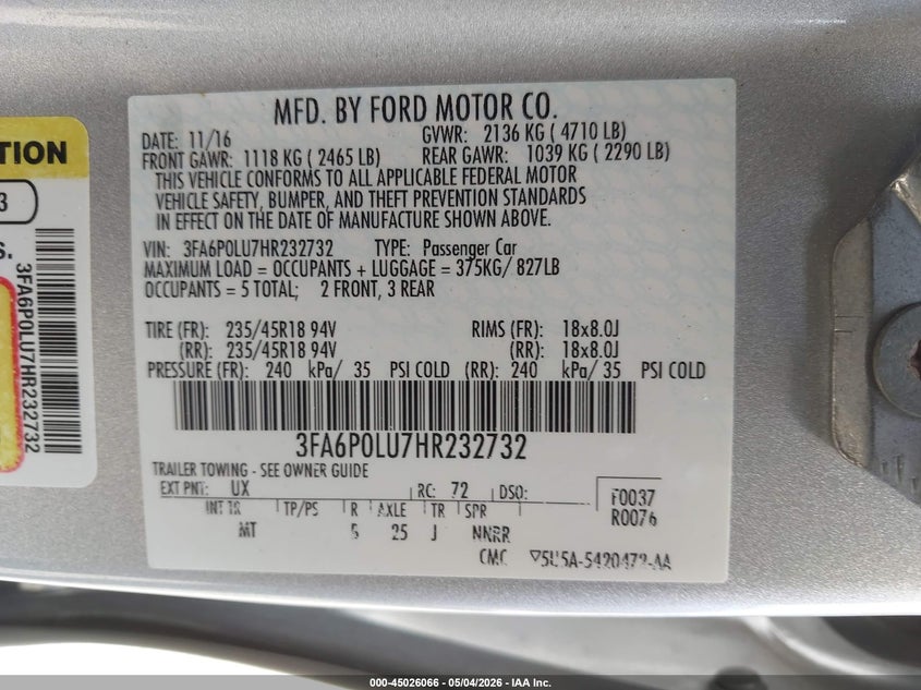 VIN 3FA6P0LU7HR232732 2017 FORD FUSION HYBRID SE