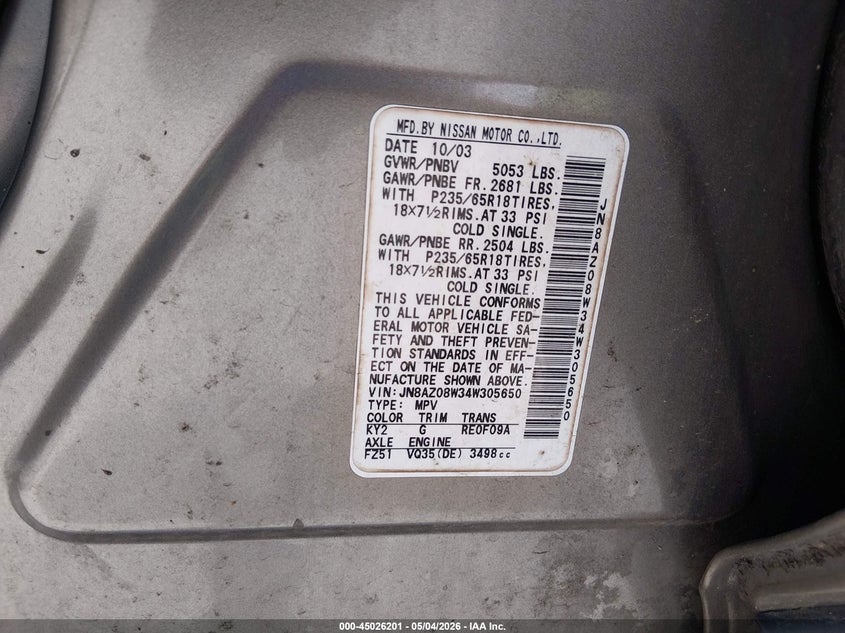 2004 Nissan Murano Sl VIN: JN8AZ08W34W305650 Lot: 45026201