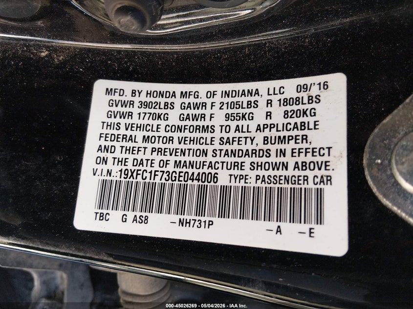 2016 HONDA CIVIC SEDAN 1.5L I-4 DI, DOHC, VVT, TURBO, 174HP