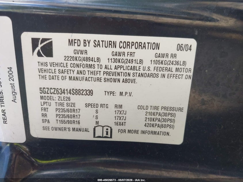 2004 Saturn Vue V6 VIN: 5GZCZ63414S882339 Lot: 45026573
