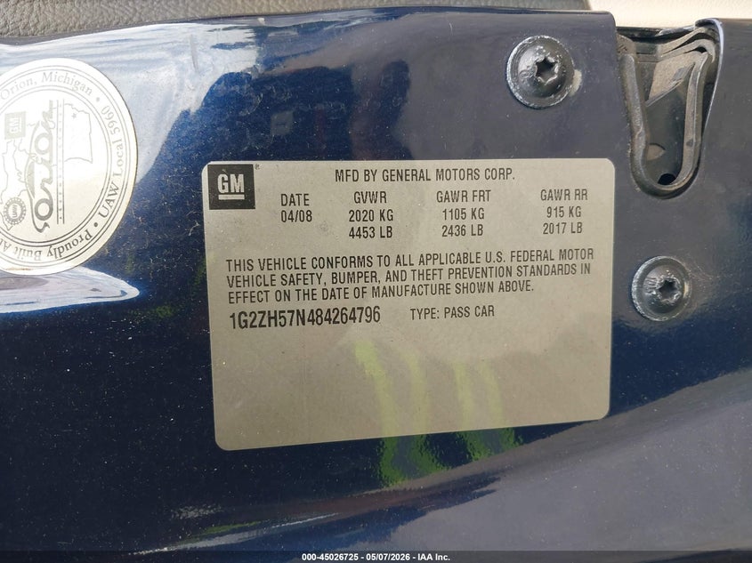 2008 Pontiac G6 Gt VIN: 1G2ZH57N484264796 Lot: 45026725