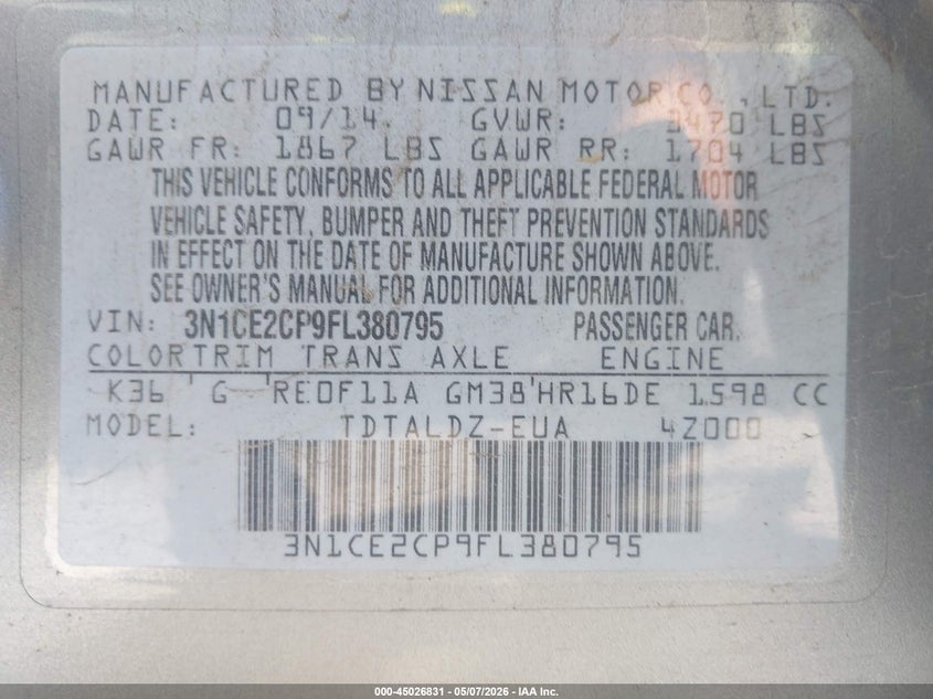 2015 NISSAN VERSA HATCHBACK 1.6L I-4 DOHC, VVT, 109HP