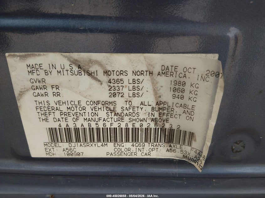 2008 Mitsubishi Galant Es VIN: 4A3AB56F28E026232 Lot: 45026858