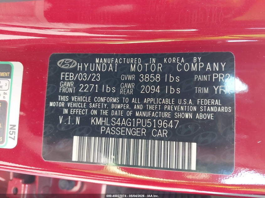 VIN KMHLS4AG1PU519647 2023 HYUNDAI ELANTRA SEL