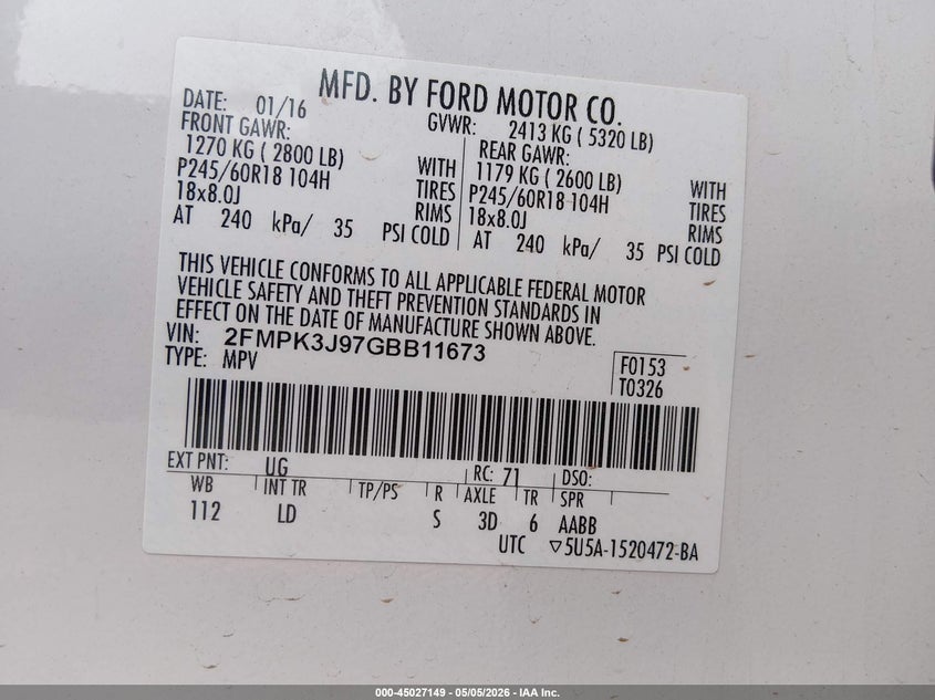 2016 FORD EDGE VIN: 2FMPK3J97GBB11673
