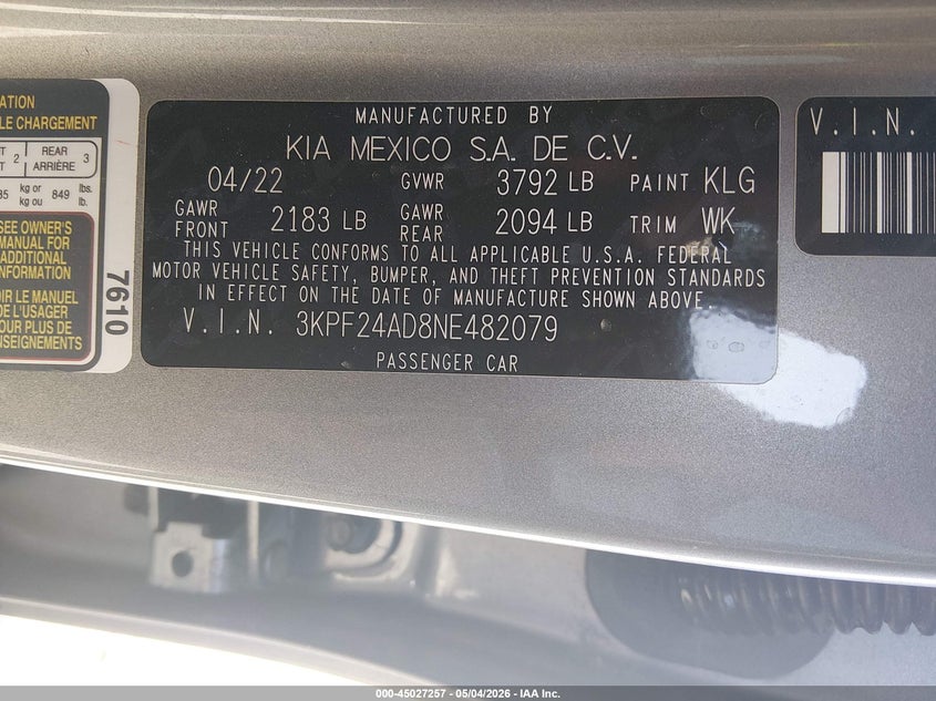 2022 Kia Forte Lxs VIN: 3KPF24AD8NE482079 Lot: 45027257