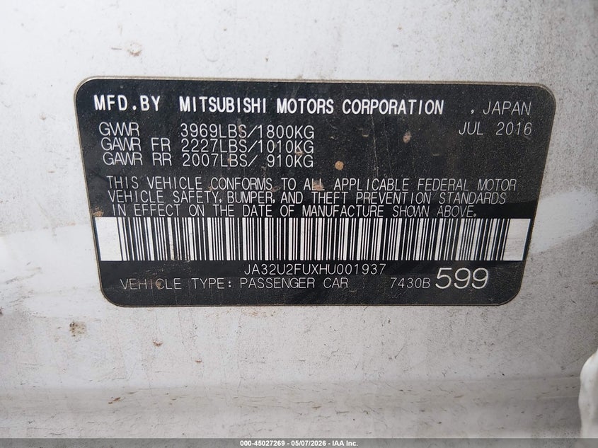 2017 Mitsubishi Lancer Es VIN: JA32U2FUXHU001937 Lot: 45027269