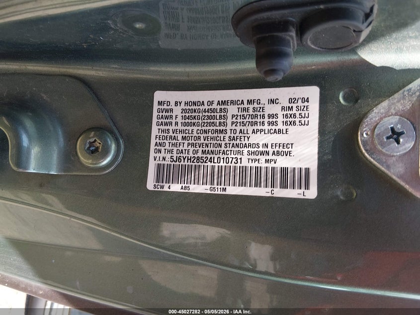 2004 Honda Element Ex VIN: 5J6YH28524L010731 Lot: 45027282