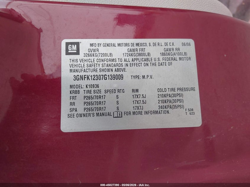 2007 Chevrolet Avalanche 1500 Lt VIN: 3GNFK12307G139009 Lot: 45027390