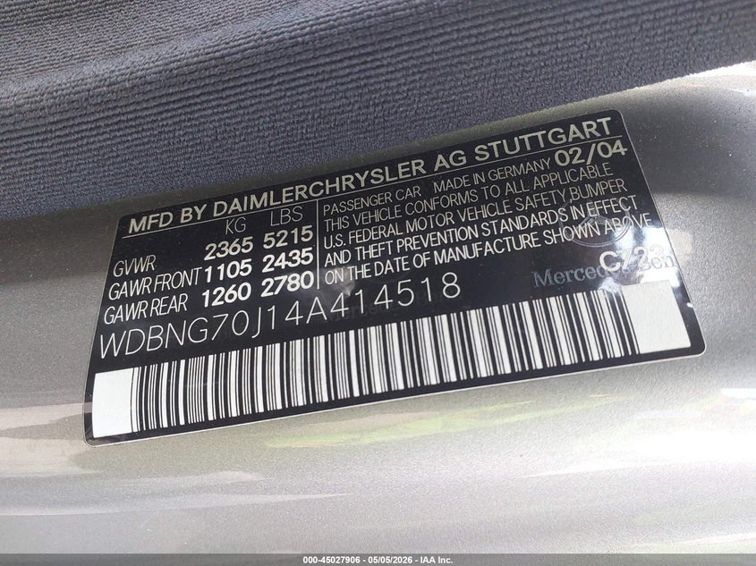 2004 Mercedes-Benz S 430 VIN: WDBNG70J14A414518 Lot: 45027906