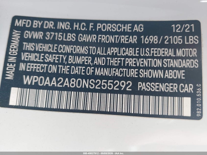2022 Porsche 718 Cayman T VIN: WP0AA2A80NS255292 Lot: 45027912