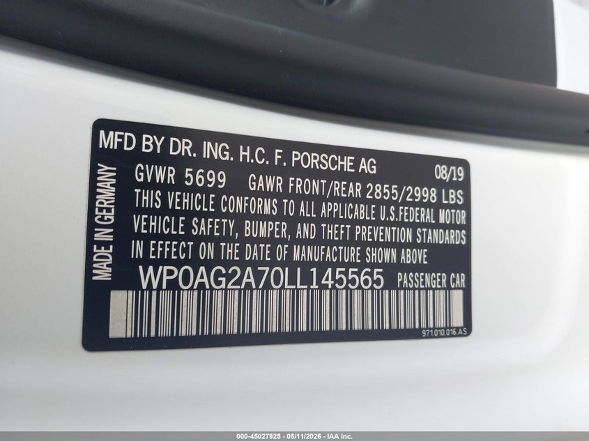2020 Porsche Panamera Gts VIN: WP0AG2A70LL145565 Lot: 45027925
