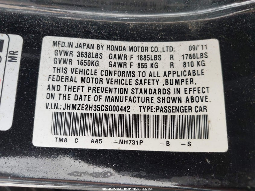 2012 Honda Insight 1.3 black Lot 111045027954 Vin JHMZE2H35CS000442