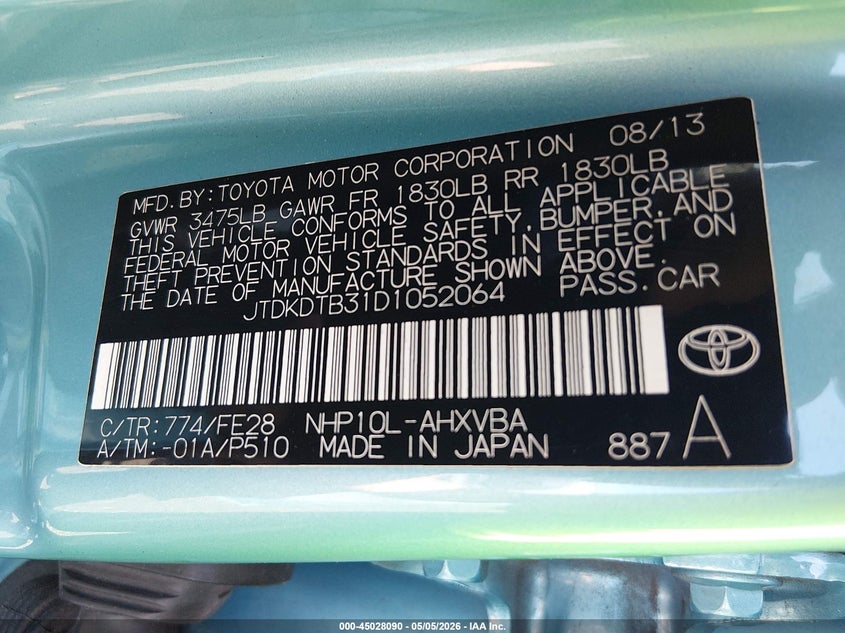 2013 Toyota Prius C One VIN: JTDKDTB31D1052064 Lot: 45028090