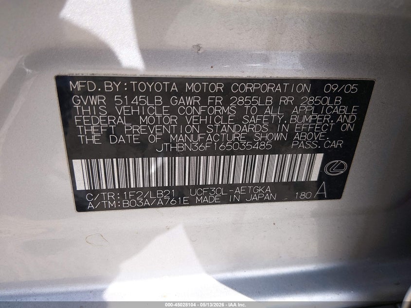 2006 Lexus Ls 430 VIN: JTHBN36F165035485 Lot: 45028104