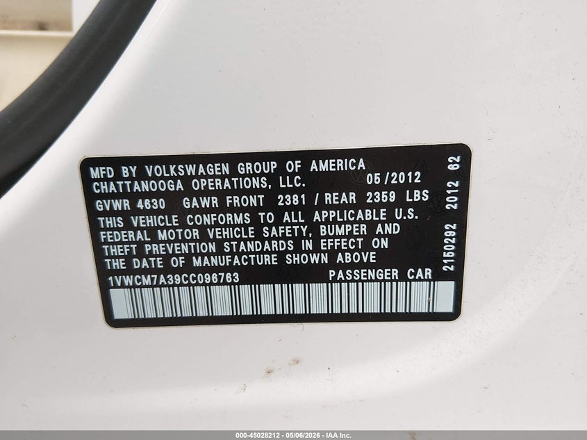 2012 Volkswagen Passat 3.6 3.6L V6 Sel Premium white Lot 111045028212 Vin 1VWCM7A39CC096763