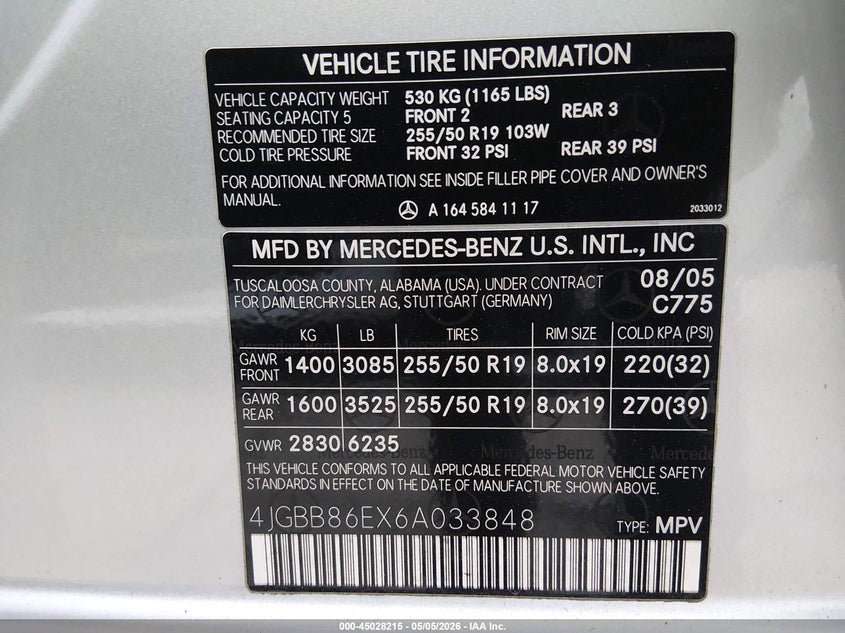 2006 Mercedes-Benz Ml 350 4Matic VIN: 4JGBB86EX6A033848 Lot: 45028215